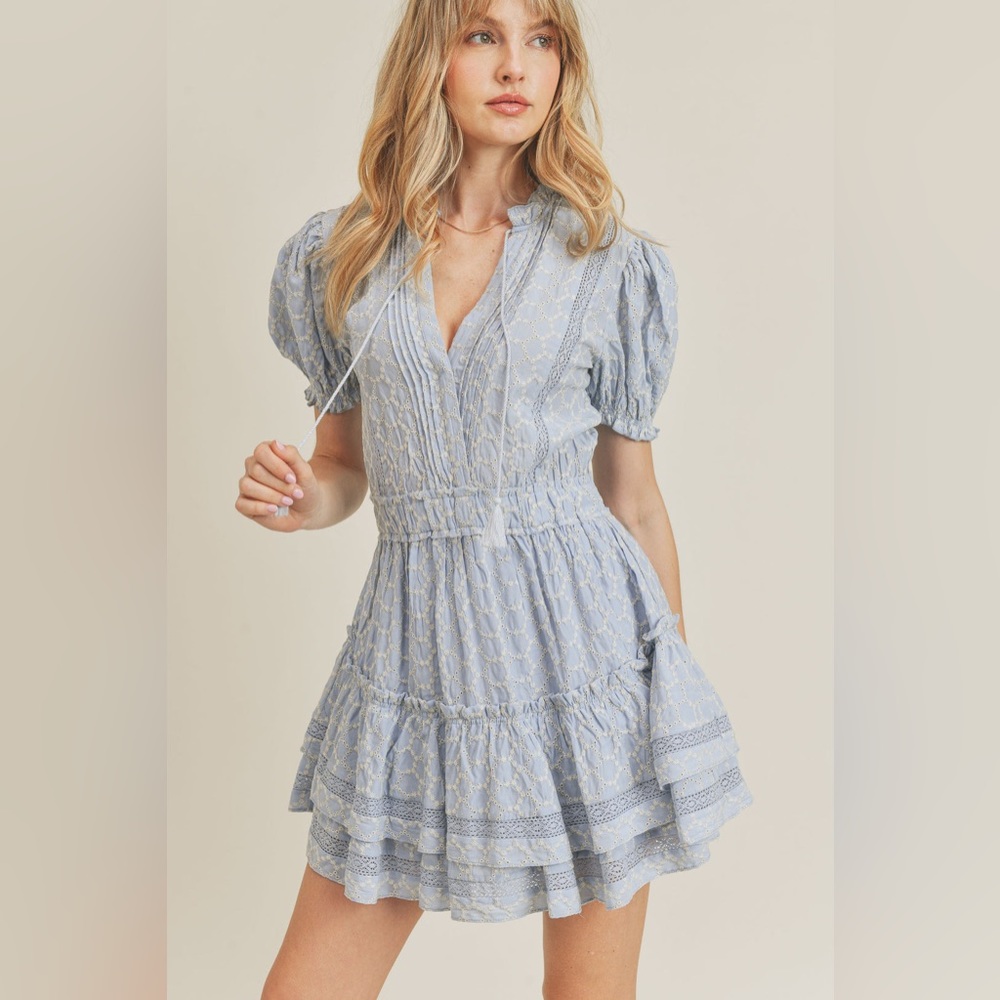 Mable Eyelet Lace Mini Ruffle Tiered Dress